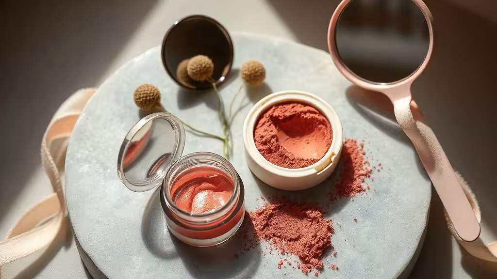 Blush crème et blush poudre pour peau mature disposés avec des pinceaux sur un plateau de pierre ivoire.