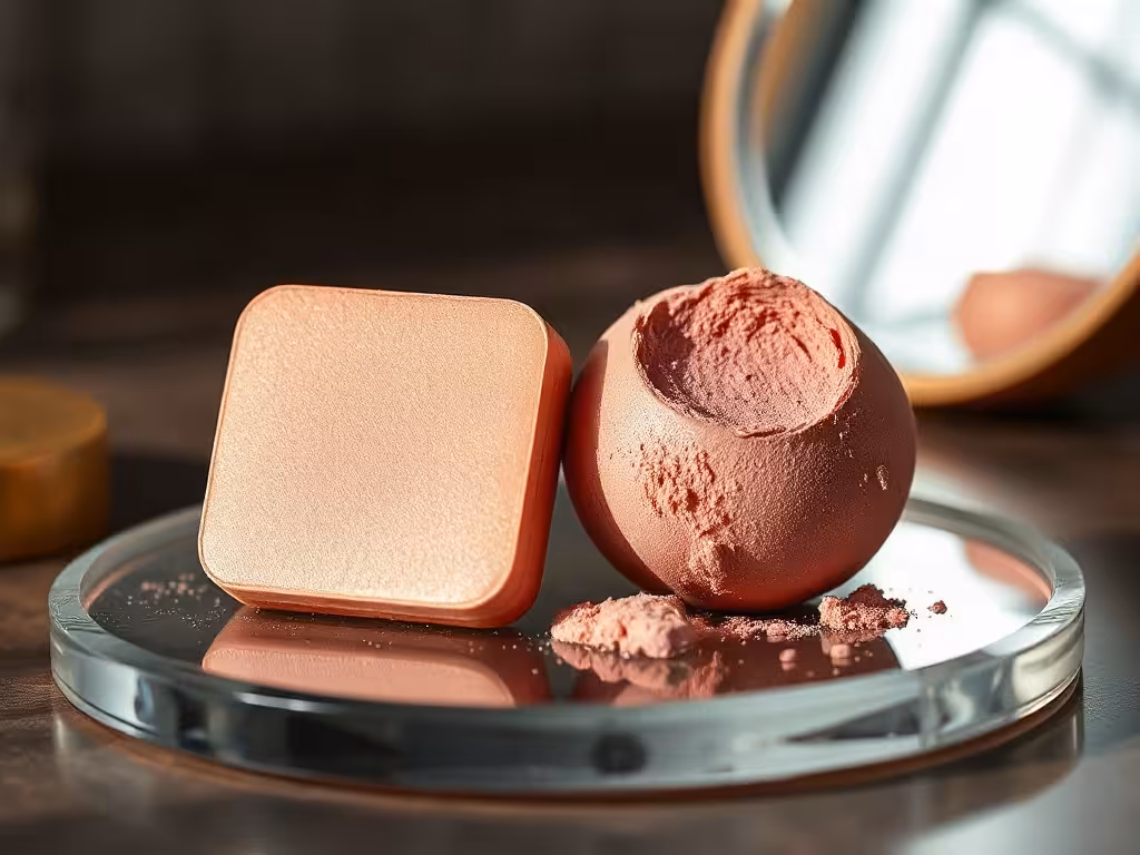 Textures de blush crème et de blush poudre sur verre, pour choisir la formule d'une peau mature.