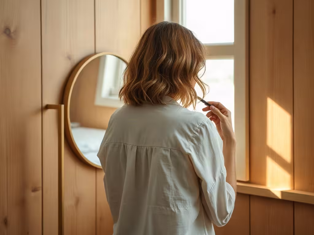 Femme en lin comparant blush crème et blush poudre devant un miroir, choisir sa texture pour peau mature.
