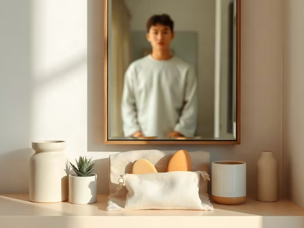 Précautions avant un gua sha visage dans une salle de bain sobre et lumineuse.