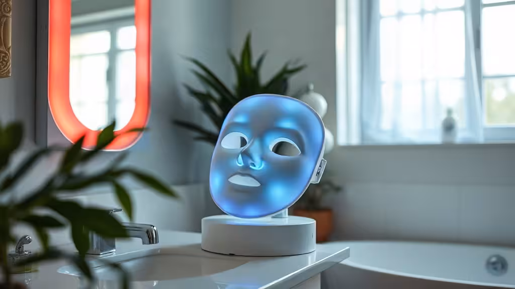 Masque LED visage allumé, présenté pour examiner son efficacité sur la peau.