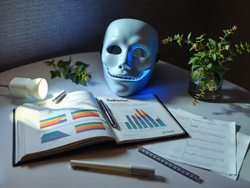 Documents et masque illustrant l’évaluation de l’efficacité des LED pour le visage.