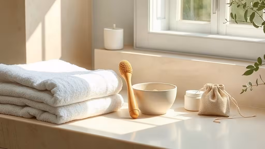 Objets de soin évoquant l’efficacité du massage visage dans une salle de bain lumineuse.
