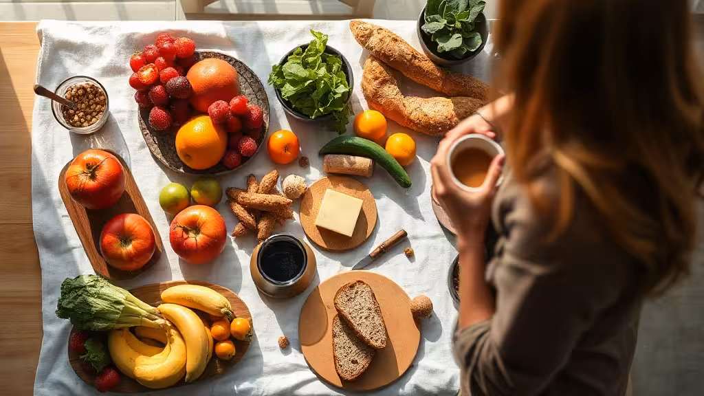 Table équilibrée illustrant la nutrition intuitive : aliments variés, lumière naturelle et sérénité