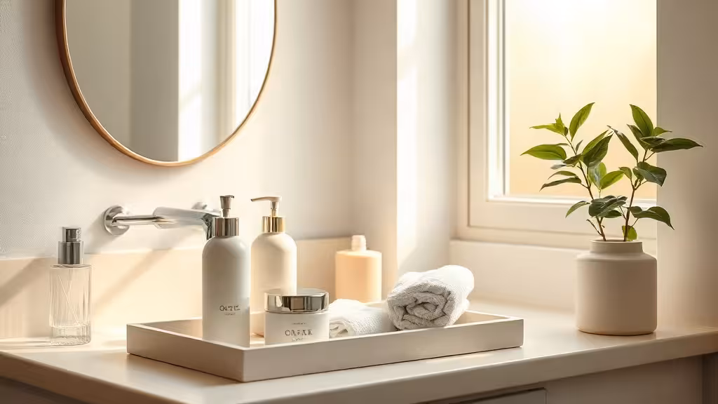 Une routine visage minimaliste avec quelques soins neutres dans une salle de bains lumineuse.
