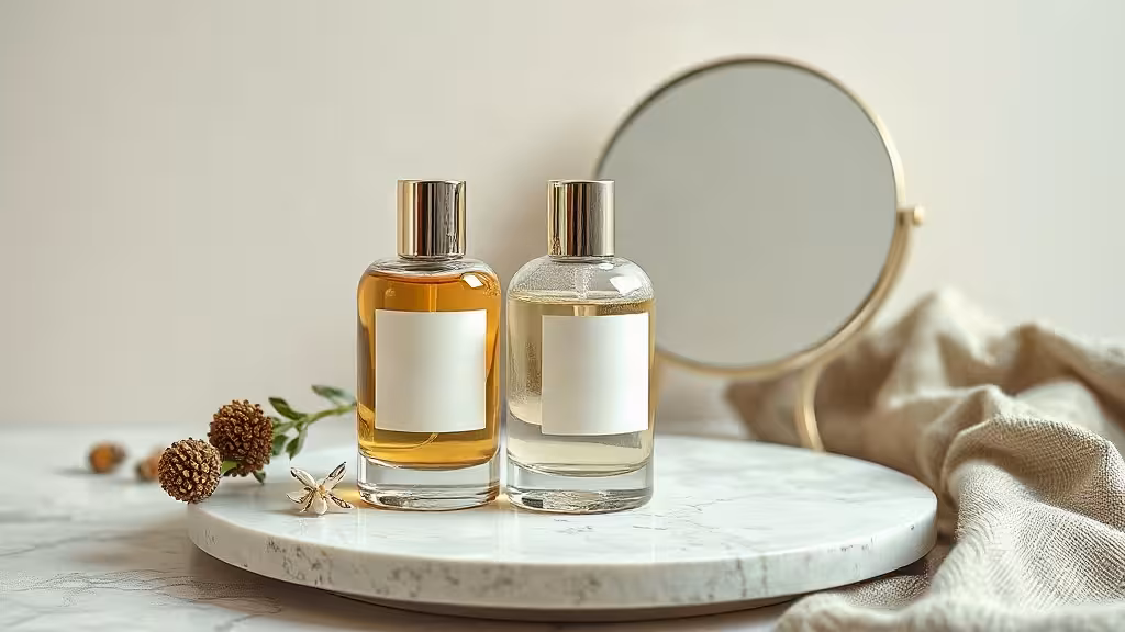 Skin tint ou fond de teint présentés avec pinceau et miroir sur un plateau ivoire.
