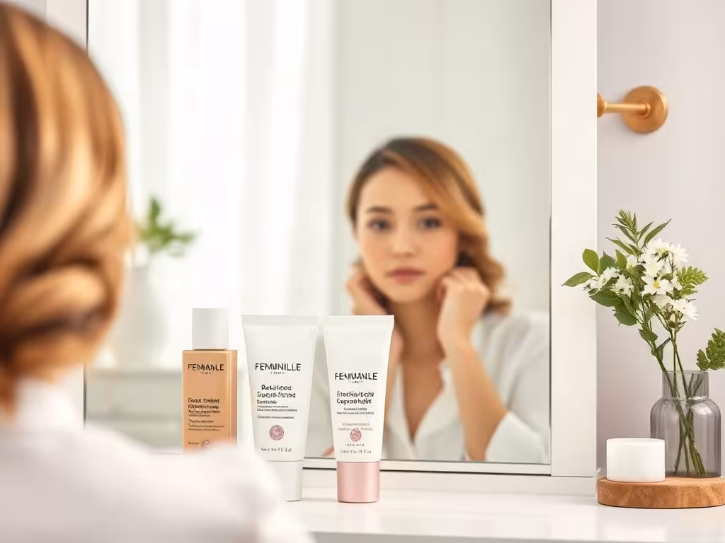 Choix entre soin teinté et fond de teint léger devant un miroir lumineux.