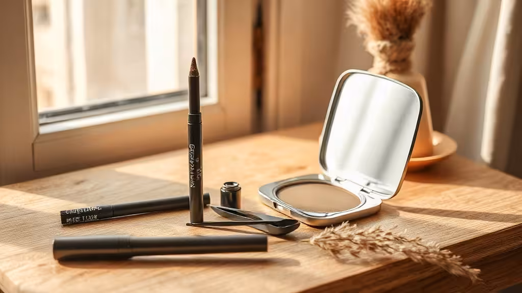Accessoires discrets pour dessiner des sourcils naturels devant un miroir.