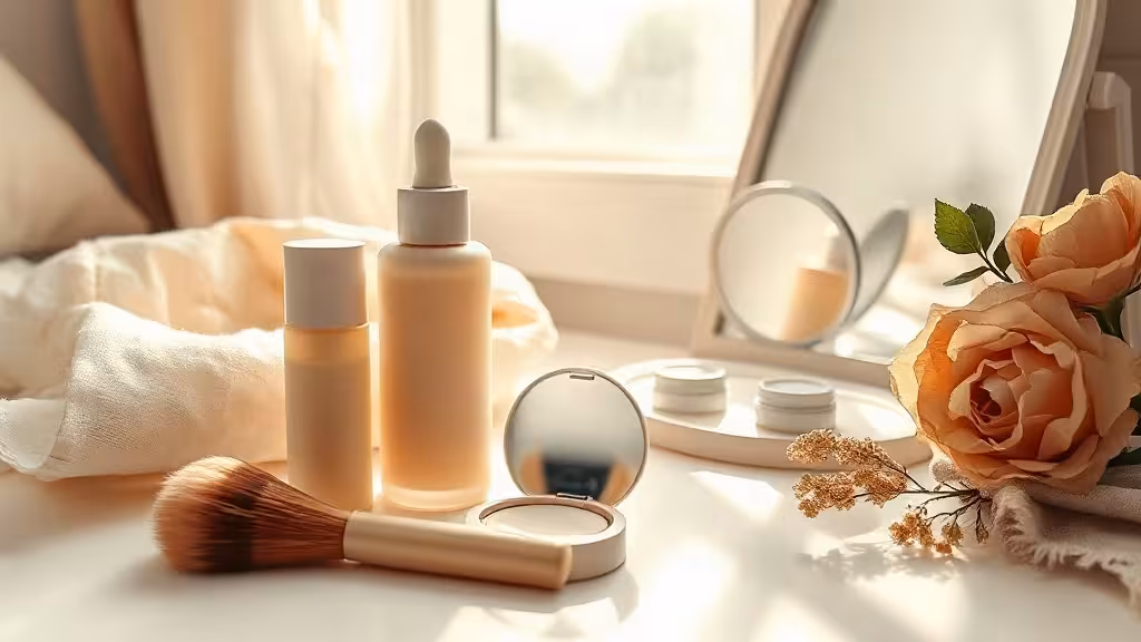 Produits de teint naturel pour peau mature disposés sur une coiffeuse lumineuse.