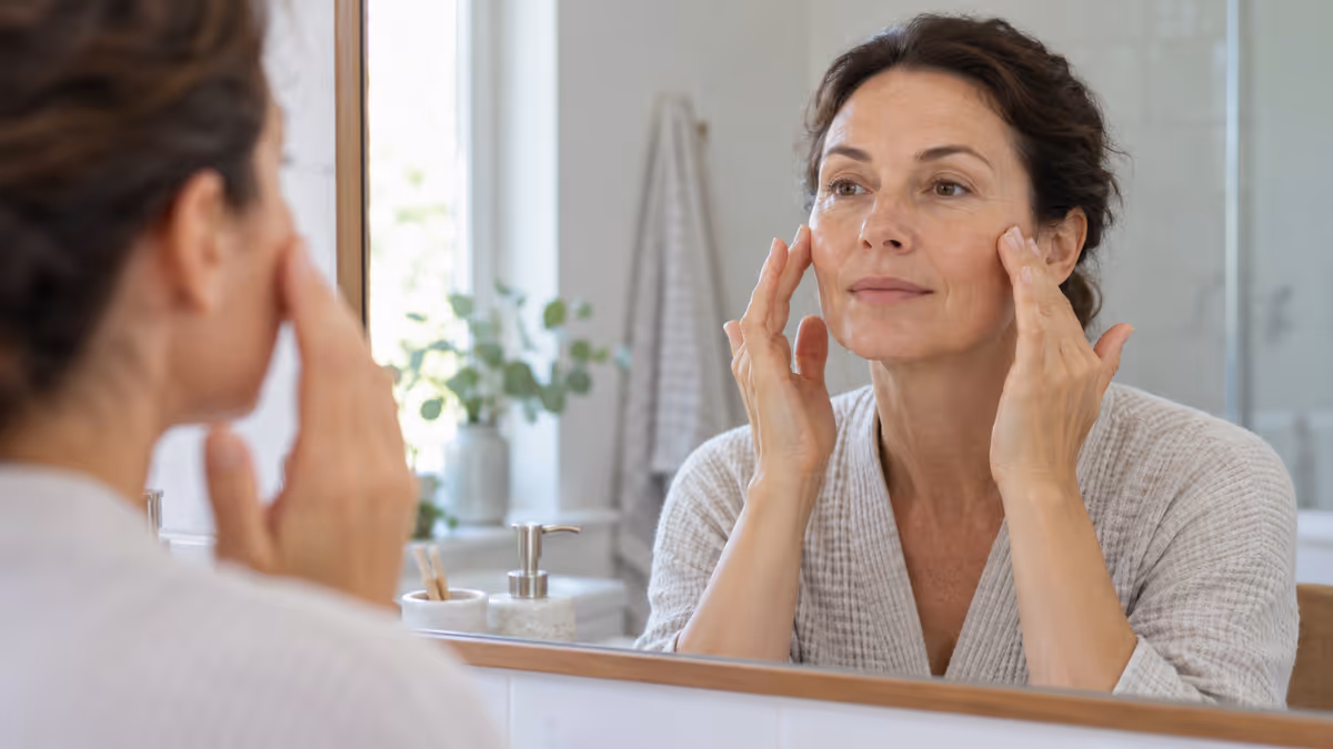 Une femme pratique un exercice doux du visage devant un miroir.