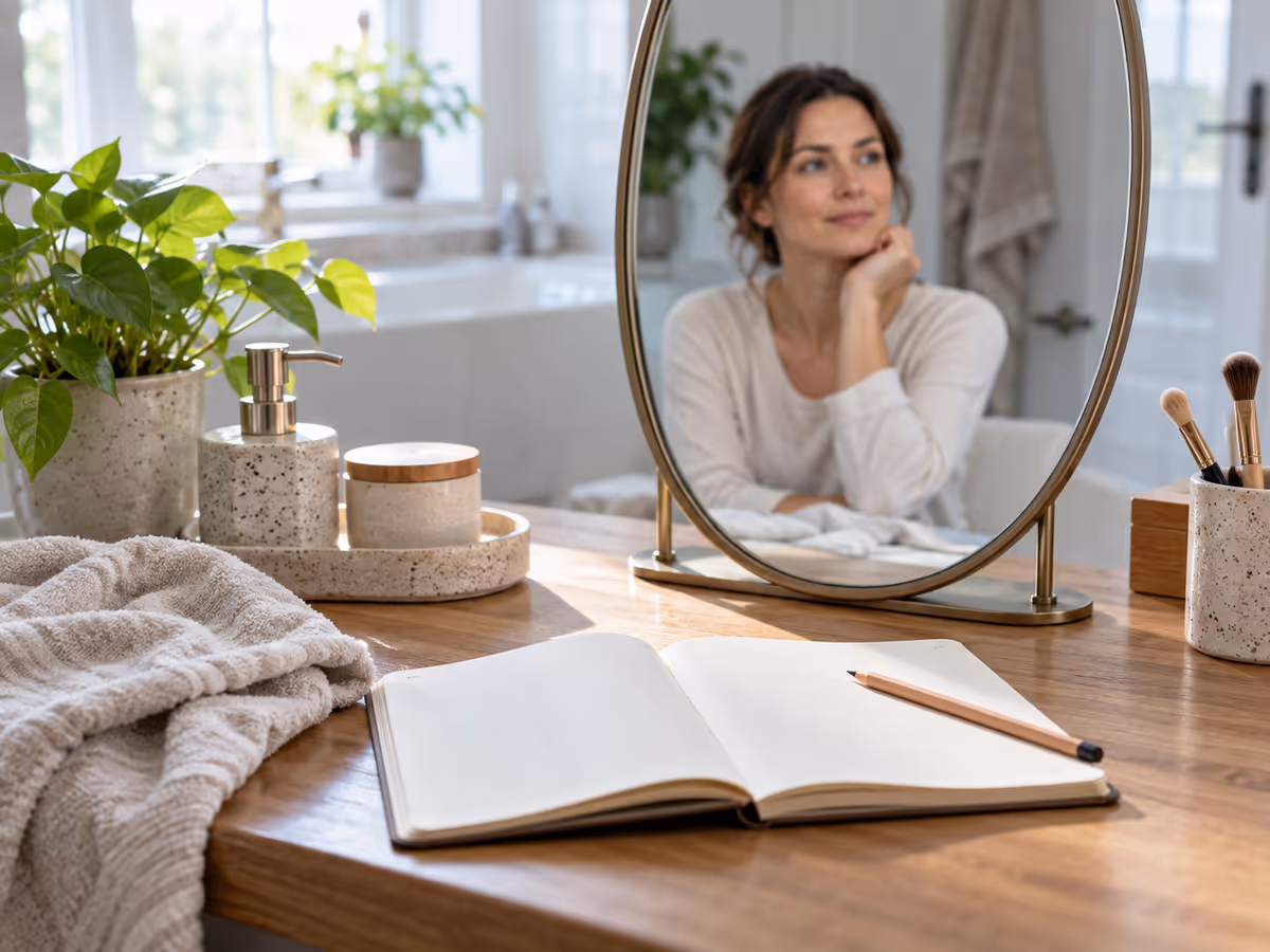Un miroir et un carnet accompagnent l’observation d’une routine du visage.