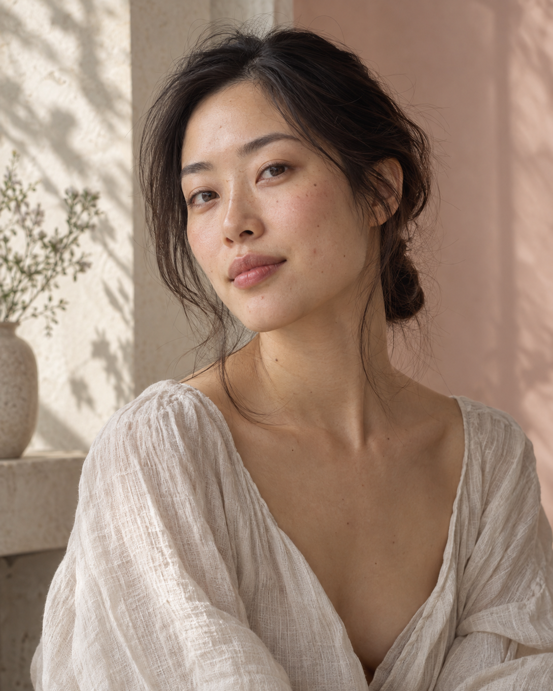Femme asiatique au teint naturel dans une blouse ivoire