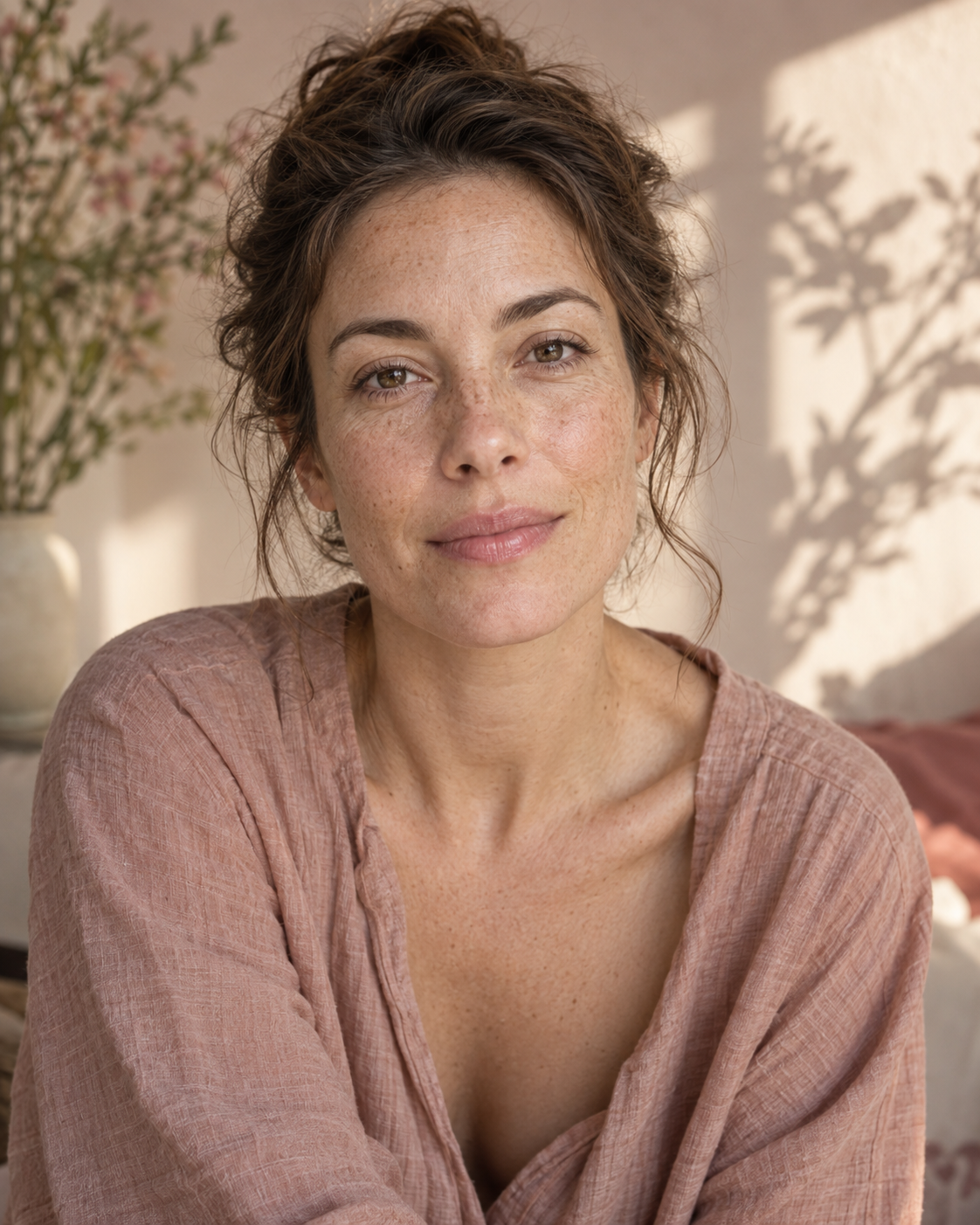 Femme aux cheveux bruns et aux taches de rousseur, éclairée par une lumière douce