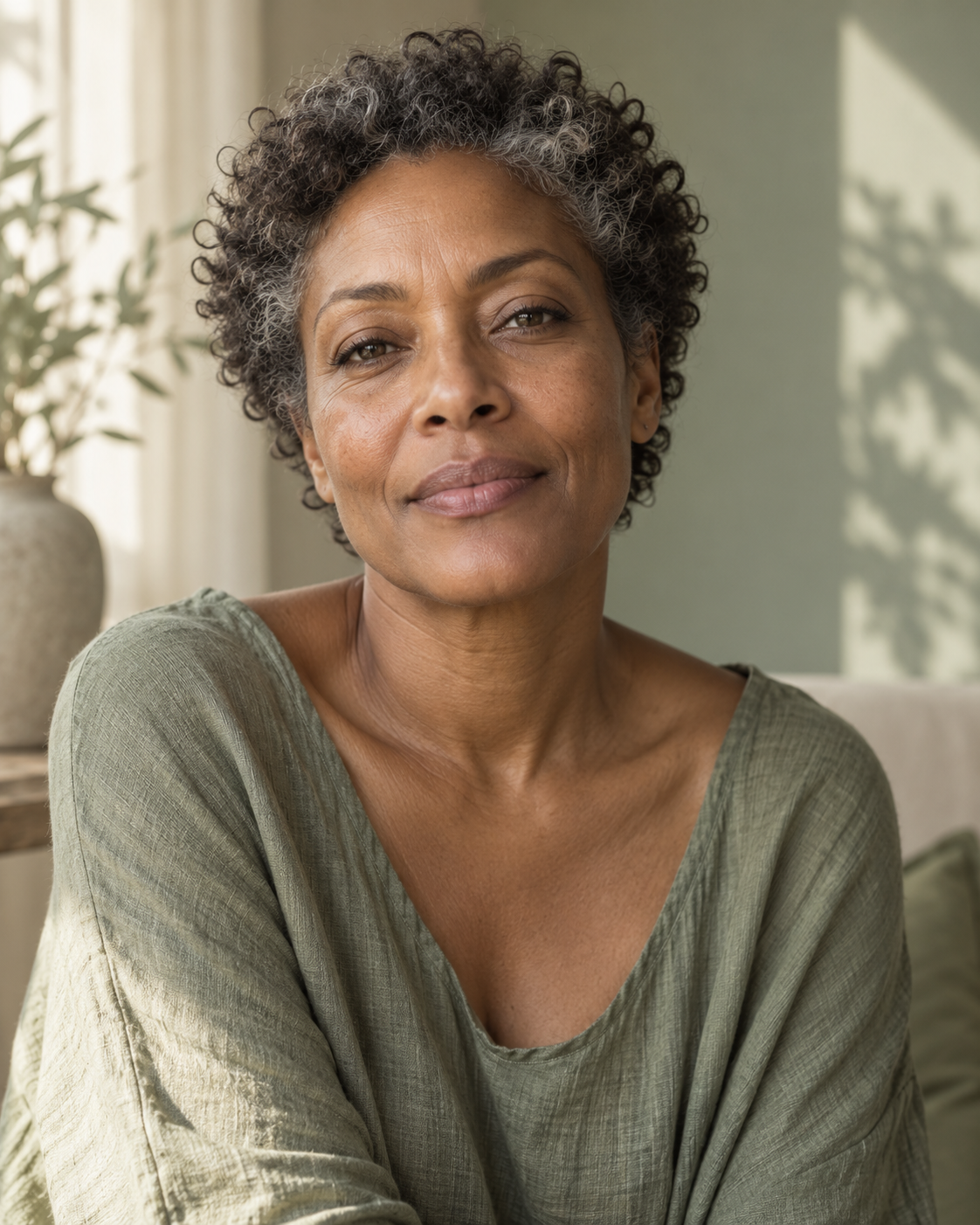 Femme noire aux cheveux naturellement gris dans une blouse vert sauge